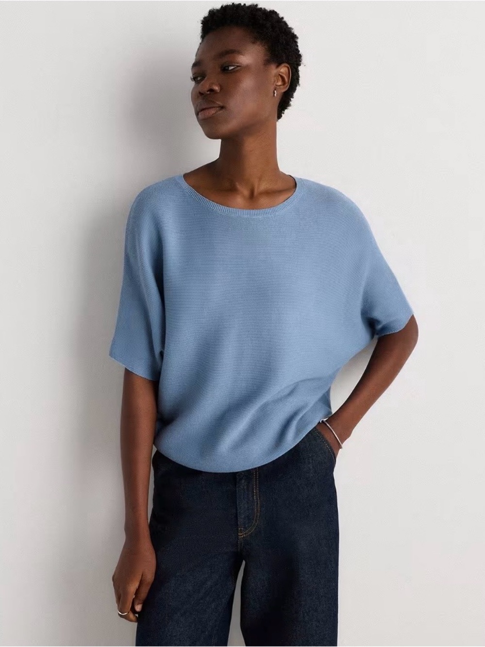 Quince Lightweight Cotton Cashmere Link-Stitch Dolman Sweater S Blue Casual Top